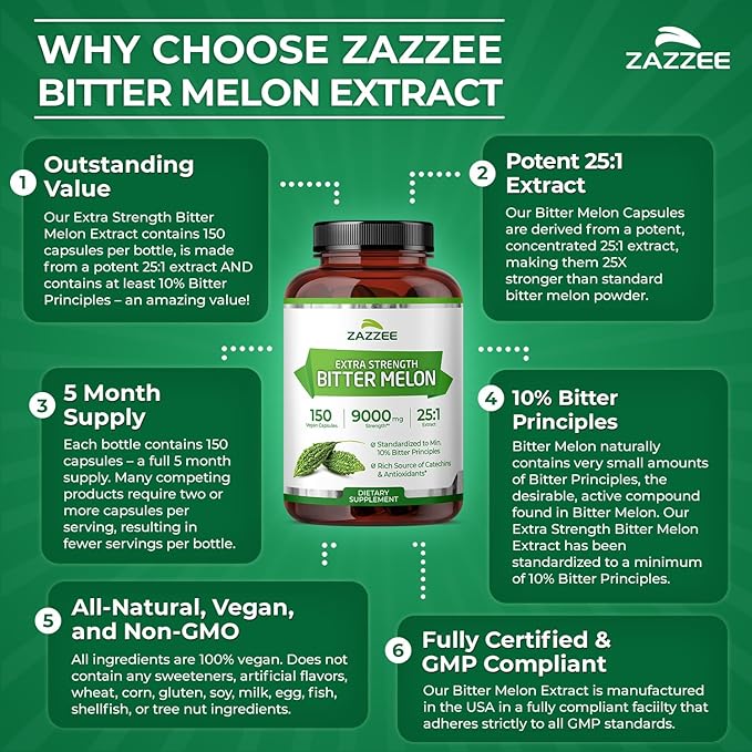 Zazzee Extra Strength Bitter Melon 25:1 Extract 10% Bitter Principles 150 Vegan Capsules 5 Month Supply Momordica Charantia Antioxidant &amp Metabolic Support Non-GMO Made in the USA