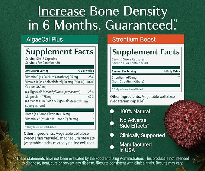 ALGAECAL Bone Builder Pack - Plant Based Calcium Supplement &amp Strontium - Organic Calcium 750mg with Vitamin D3 1600 IU Vitamin K2 Magnesium 16 Nutrients for Bone Health &amp Density (3-Month