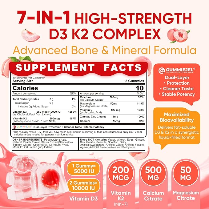 Vitamin D3 K2 Filled Gummies 5000IU / 10000 IU with 500mg Calcium + K2(MK-7) 200mcg Magnesium Vitamin C &amp Zinc Extra Strength - Ultimate Absorbency for Bones Muscles Teeth Vegan -- Pack of 2