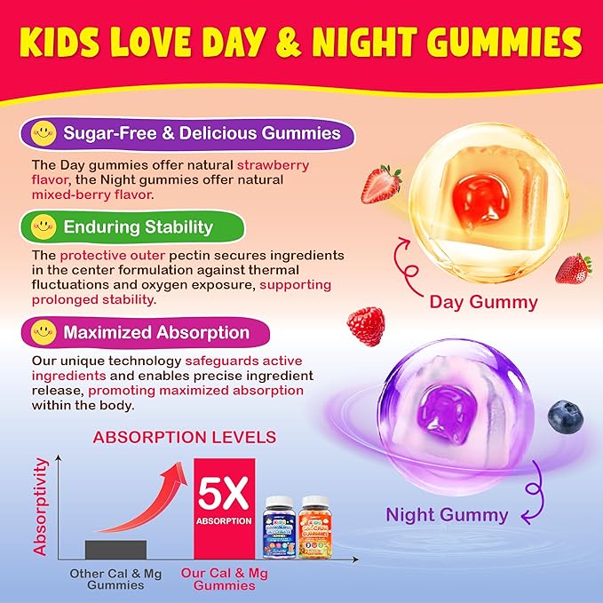 Kids Calcium Magnesium Supplement Gummies - Calcium Citrate 800mg with Magnesium Glycinate 200mg L-Theanine Vitamin D3 K2 &amp Omega-3 Multivitamin for Kids Day &amp Night Gummies - Vegan Sugar F