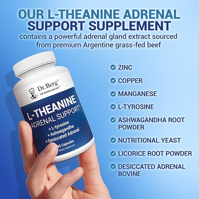 Dr. Berg L-Theanine 200mg - Includes Zinc Copper L-Tyrosine &amp Ashwagandha – L-Theanine Supplement Adrenal Support - for Relaxation Stress Relief and Mental Clarity* – 90 Gelatin Capsules
