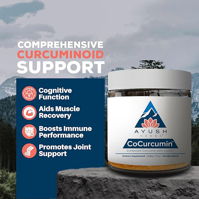 Ayush Herbs CoCurcumin - Turmeric Powder Curcumin Powder with Black Pepper CoQ10 MCT Oil for Glowing Skin Joint Muscle and Gut Health - 4.2 Oz Jar (30 Servings)
