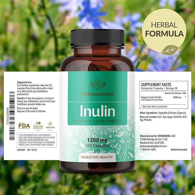 HERBAMAMA Inulin Powder Capsules 1200mg - Digestive Support &amp Gut Cleanse with Inulin Prebiotic Fiber - Vegan Non-GMO Chicory Root Powder Supplement