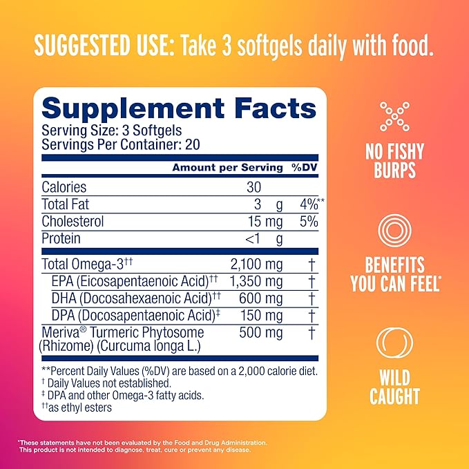 Oceanblue 2100 Triple Strength Omega-3 Fish Oil with Turmeric | Burpless Omega 3 Combo Supplement with Curcumin EPA DHA DPA| Heart and Joint Support | 60 Softgels