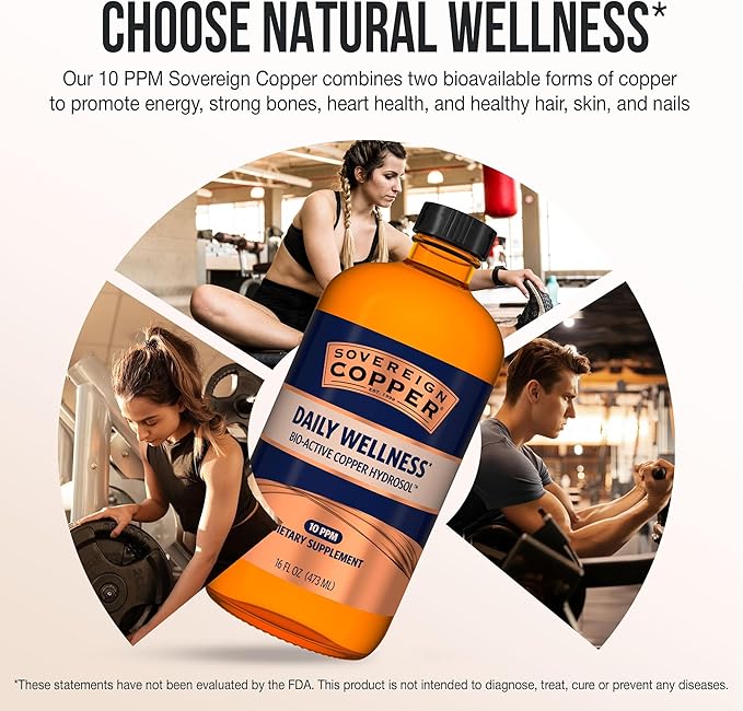 Sovereign Copper Bio-Active Copper Hydrosol Daily+ 4-in-1 Wellness Supplement for Joint Bone Hair Skin and Nails Cardiovascular Health Energy and Metabolic Health Support 16 fl oz (473mL)
