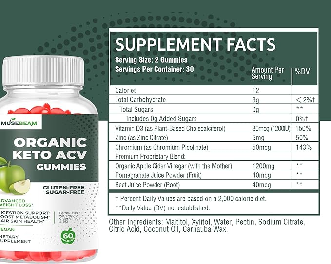 Organic Keto ACV Gummies Advanced Weight Loss - Gluten &amp Sugar Free Belly Fat Burner Apple Cider Vinegar Diet Supplement for Women Men (1000MG)