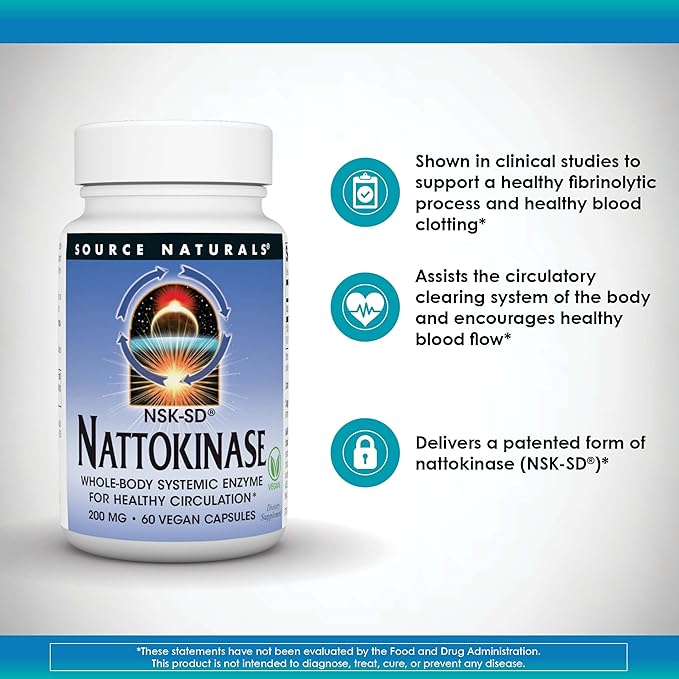 Source Naturals NSK-SD Nattokinase Vegetarian Friendly Whole Body Systemic Enzyme for Healthy Circulation* 200 mg - 60 Vegetarian Capsules