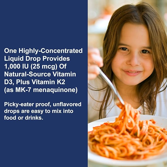 Carlson - Kid's Super Daily D3+K2 25 mcg (1000 IU) D3 &amp 22.5 mcg K2 Vitamin D Drops with Vitamin K2 Liquid Vitamins 1000 IU Vitamin D3 Heart &amp Bone Health 1-Year Supply Unflavored 360