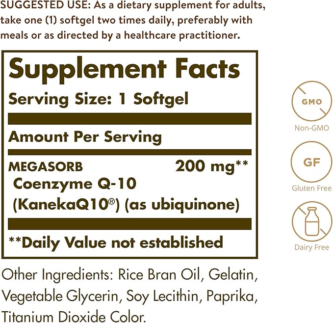 Solgar Megasorb CoQ-10 200 mg 60 Softgels - Supports Heart &amp Brain Function - Coenzyme Q10 Supplement - Enhanced Absorption - Gluten Free Dairy Free - 60 Servings