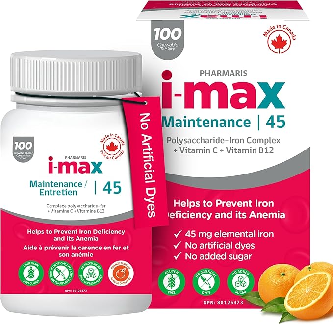 Pharmaris i-max Maintenance Iron Supplement 45mg Elemental Iron-Polyschaccaride Complex + Vitamin C &amp B12 Iron Supplement for Women &amp Men No Artificial Dyes Orange Flavor 100 Chewable Tab