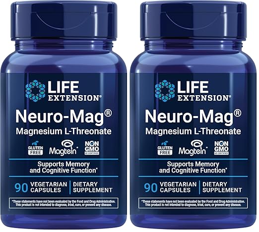 Life Extension Neuro-Mag Magnesium L-Threonate Memory Health Quick Thinking Cognitive Health Support Vegetarian Non-GMO 90 Vegetarian Capsules (144 mg from 2000 mg Magtein Magnesium (Pack of 2)