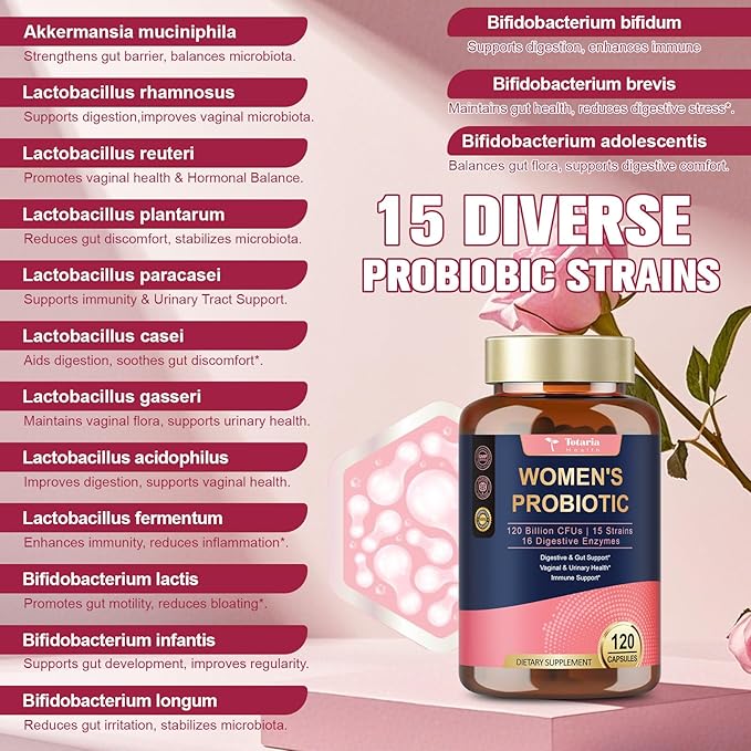 Totaria Probiotics for Women 120 Billion Women Probiotic with Akkermansia Digestive Enzymes &amp Prebiotics Cranberry D-Mannose for Gut Vaginal Urinary Immune PH Balance 120 Vegan Capules