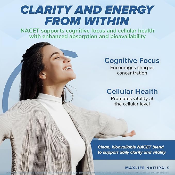 MaxLife Naturals Neuro NACET N-Acetyl L-Cysteine – 60 Capsules 20x More Bioavailable Glycine NAC Supplement N-Acetyl Cysteine Ethyl Ester with Selenium 10x Glutathione Boost for Brain &amp Lung Sup