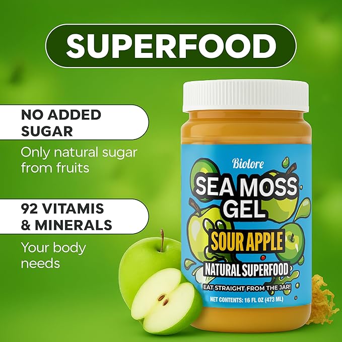 Biolore Sour Apple Sea Moss Gel 16 oz - No Added Sugar Vegan Made in USA - Wildcrafted Sea Moss Superfood with 92 Essential Vitamins - Ready to Use No Prep Needed