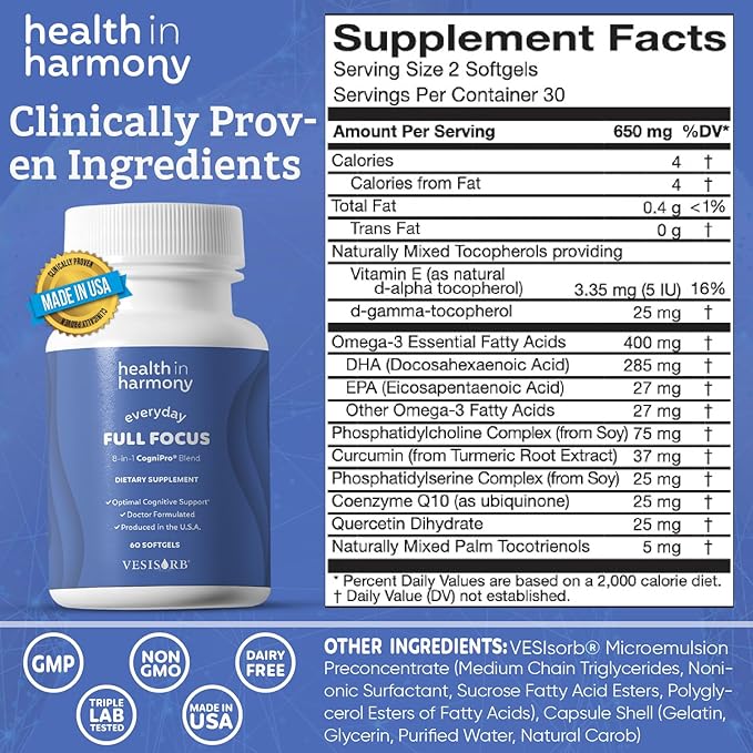 Everyday Full Focus - 8 Super Antioxidants for Cognitive Support (Omega-3 DHA Phosphatidylcholine &amp Phosphatidylserine) &amp utilizes VESIsorb® (60 ct)
