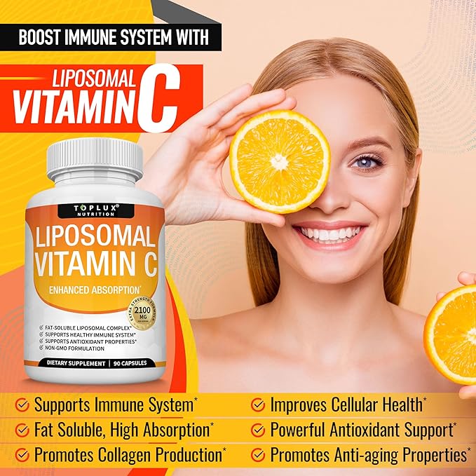 Liposomal Vitamin C 2100mg High Absorption Fat Soluble VIT C - Immune Support Collagen Booster Immunity Defense &amp Powerful Antioxidant MCT Oil &amp Sunflower Lecithin Acsorbic Acid Vegan Non-G