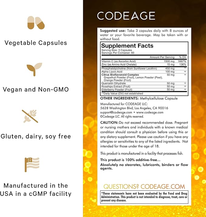Codeage Liposomal Vitamin C 1500mg with Zinc Elderberry Citrus Bioflavonoids Grapefruit Lemon Orange Powder Quercetin &amp Rose Hips Fruit – Vegan Supplement - Non-GMO Vegan Pills - 2 Pack