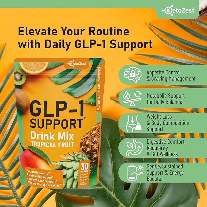 GLP-1 Support Drink Mix Powder - Women Men Weight Loss Support Natural Appetite Suppressant &amp Metabolic Booster - Daily GLP1 Support for Fat Burn Cravings Control Gut Health Fiber Supplement