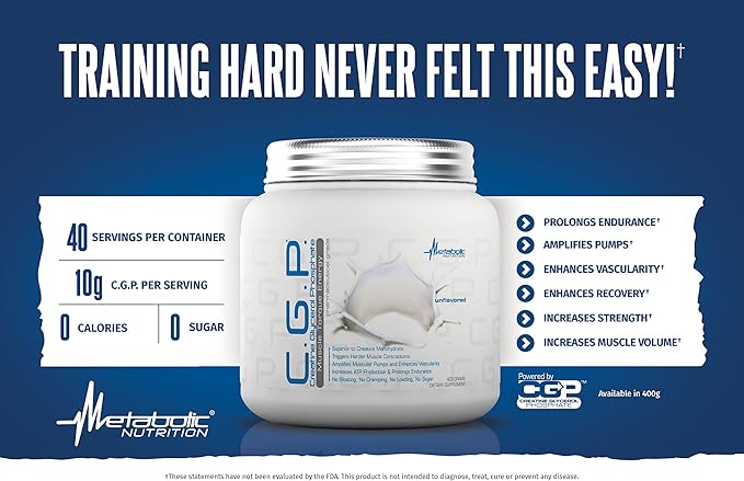 Metabolic Nutrition CGP Creatine Glycerol Phosphate 100% Micronized Creatine Powder Pre Intra Post Workout Supplement Fruit Punch 400 Grams (40 Servings)