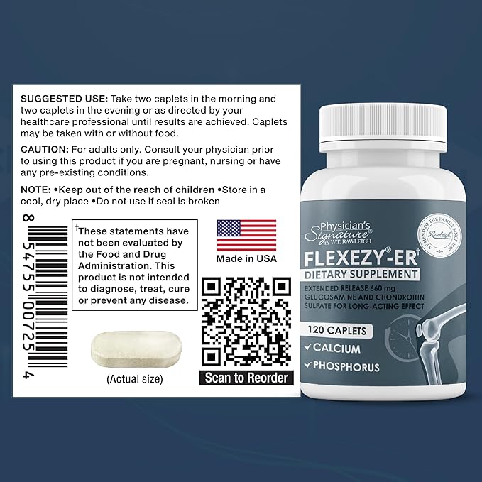 Rawleigh Flexezy-ER: 120 Caplets High Strength Glucosamine &amp Chondroitin Sulfate Blend Calcium &amp Phosphorus 24-Hour Extended Release Bone &amp Joint Health Supplement. Non-GMO - 1 Month S