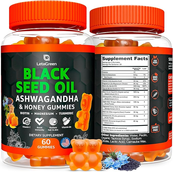 Black Seed Oil Gummies 500mg with Ashwagandha &amp Apple Cider Vinegar - Immune &amp Wellness Support Supplement with Vitamin C Biotin Turmeric - 60 Organic Gummy Bears for Hair &amp Skin