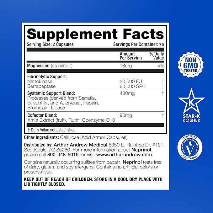 Arthur Andrew Medical Neprinol AFD Multi Enzyme Blend with Serrapeptase &amp Nattokinase 150 Count (Pack of 1)