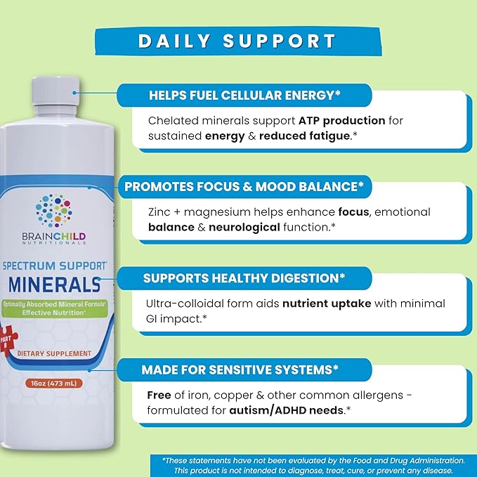 BrainChild Nutritionals Spectrum Support Minerals Liquid Supplement for Autism - Well Absorbed for Kids &amp Adults on the Spectrum Ultra-Colloidal Suspension Casein-Free Unflavored 32oz