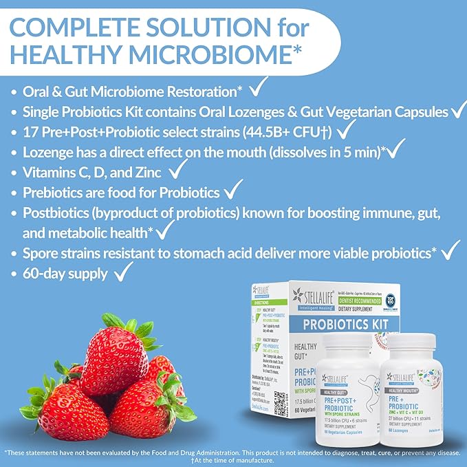 StellaLife Probiotics Oral &amp Gut Prebiotics Post Probiotics Kit: 44.5B CFU 11 Oral &amp 6 Gut Spore strains for Digestive &amp Dental Health Bad Breath Treatment Tongue Hygiene Strawberry Fl