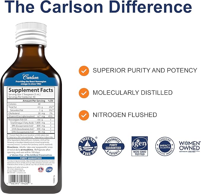 Carlson - The Very Finest Fish Oil 1600 mg Omega-3s Liquid Fish Oil Supplement Norwegian Fish Oil Wild-Caught Sustainably Sourced Fish Oil Liquid Just Peachie 200 mL (6.7 Fl Oz)