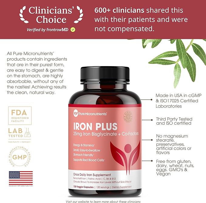 Iron Supplement for Women - Gentle Chelate Iron Bisglycinate 25mg with Vitamin C B6 B12 Folic Acid – Supports Iron Deficiency Menstrual Health &amp Energy - 120 Count