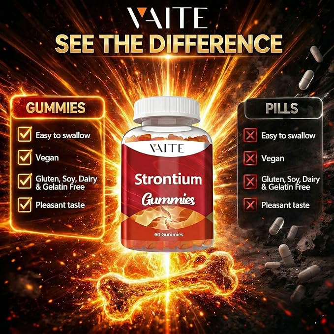 Strontium Citrate 750mg Supplement – Enhances Bone Density Strength and Health for Men and Women 60 Vegan Non-GMO Sugar-Free Gummies Provide an Easy Way to Promote Long-Term Bone Wellness