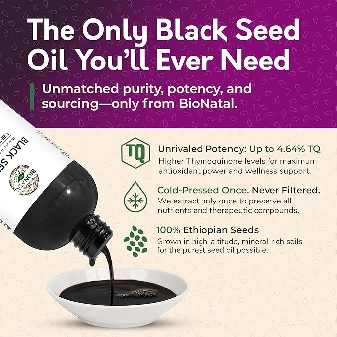 BioNatal Ethiopian Black Seed Oil 16oz PET/Plastic Bottle – Cold Pressed Nigella Sativa Black Cumin Seed Oil Unrefined &amp Non-Filtered High TQ Up to 4.64% – Supports Immune System Digestive