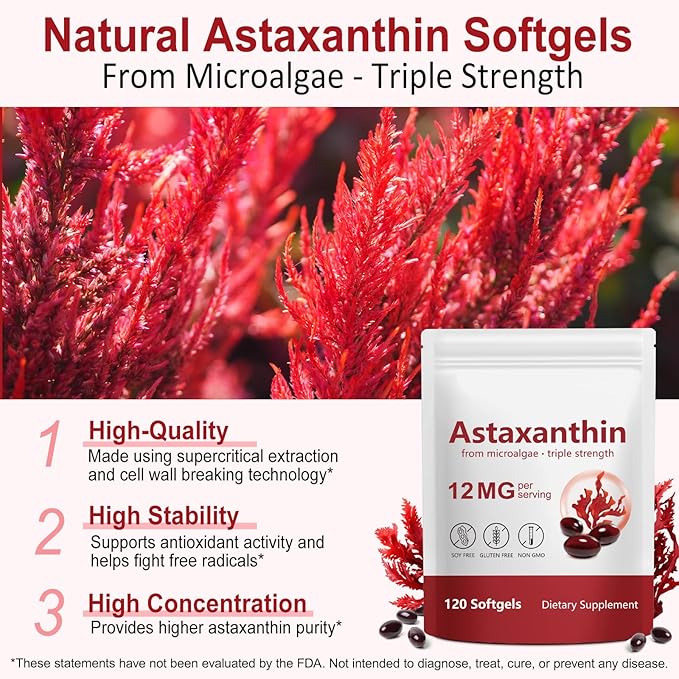 Xaarty 3Pack Premium Astaxanthin 12mg Natural Antioxidant Supplement for Eye Joint Skin HealthMicroalgae Source 4 Month Supply | Supports Internal Circulation 360 Softgels