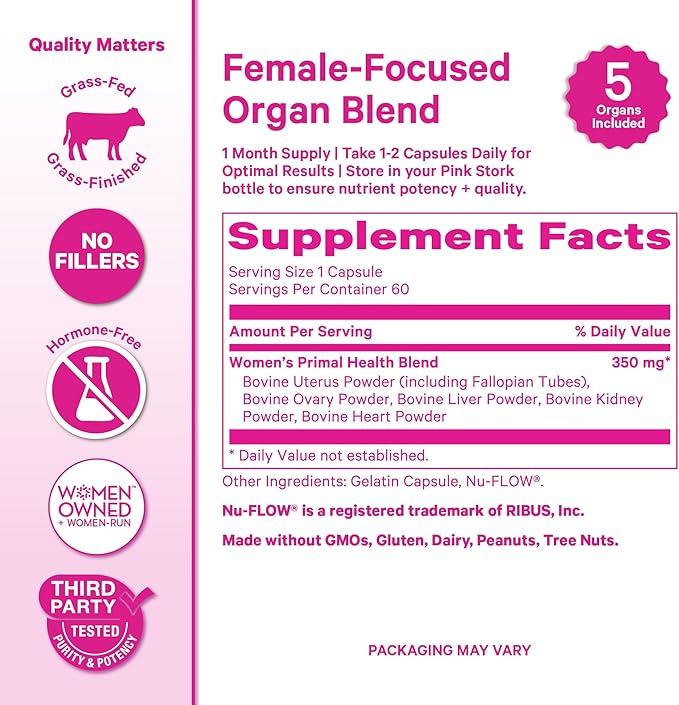 Pink Stork Beef Organ Supplement for Women | Grass-Fed Beef Liver Capsules with Iron B12 CoQ10 Vitamin A | Primal Multivitamin for Female Hormone + Energy Support | 60 Capsules