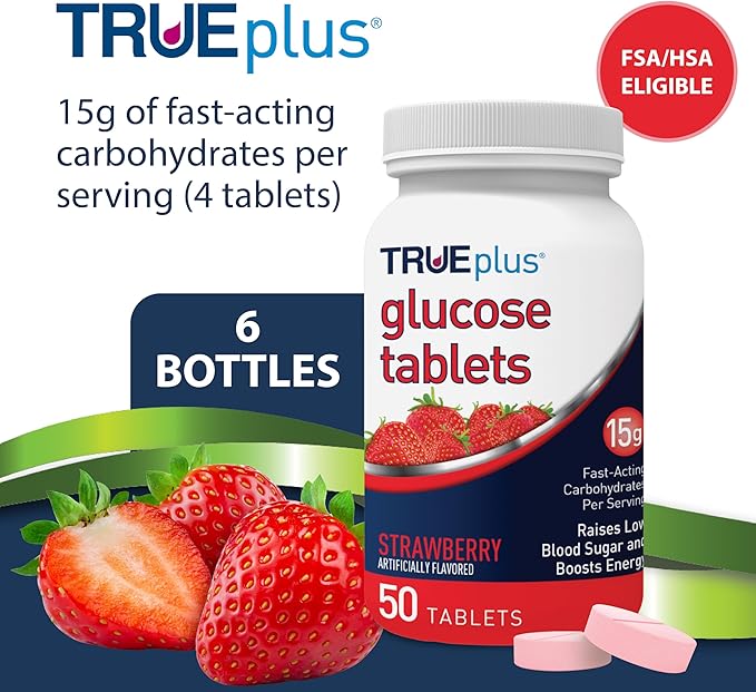 TRUEplus Glucose Tablets Chewable Strawberry Flavor 15g Fast-Acting Carbohydrates Fat Free Gluten Free Raise Low Blood Sugar and Boost Energy 50 Count 6 Bottles