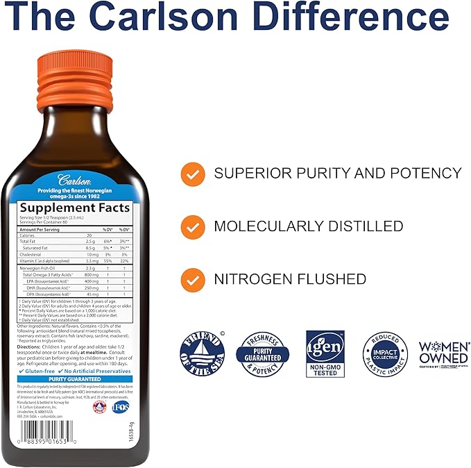 Carlson - Kid's The Very Finest Fish Oil 800 mg Omega-3s Norwegian Sustainably Sourced Orange 200 mL