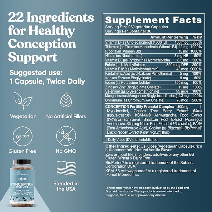 Eu Natural Conception for Her Fertility Supplements for Women - Ovulation Hormonal Balance &amp Regular Cycle Support - Myo-Inositol Folate Shatavari &amp Vitex - 60 Vegetarian Capsules