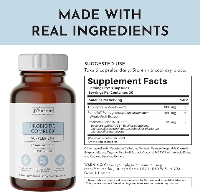 JUST INGREDIENTS Probiotic Complex - 60 Capsules 5 Billion CFU Prebiotics Gut Health Support