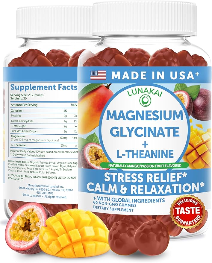 Lunakai USA Made Magnesium Glycinate Gummies with L-Theanine for Kids &amp Adults – 420mg Magnesium Supplement for Calm Sleep &amp Stress Support 60ct