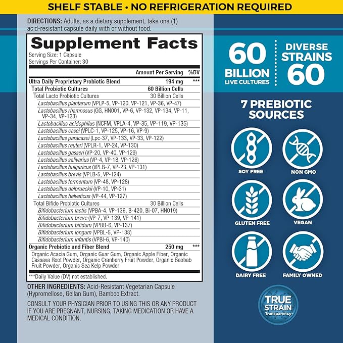 Vital Planet - Vital Flora Ultra Daily Probiotic 60 Billion CFU 60 Diverse Strains 7 Organic Prebiotics Immune Support Digestive Health Shelf Stable Probiotics for Women and Men 30 Capsules