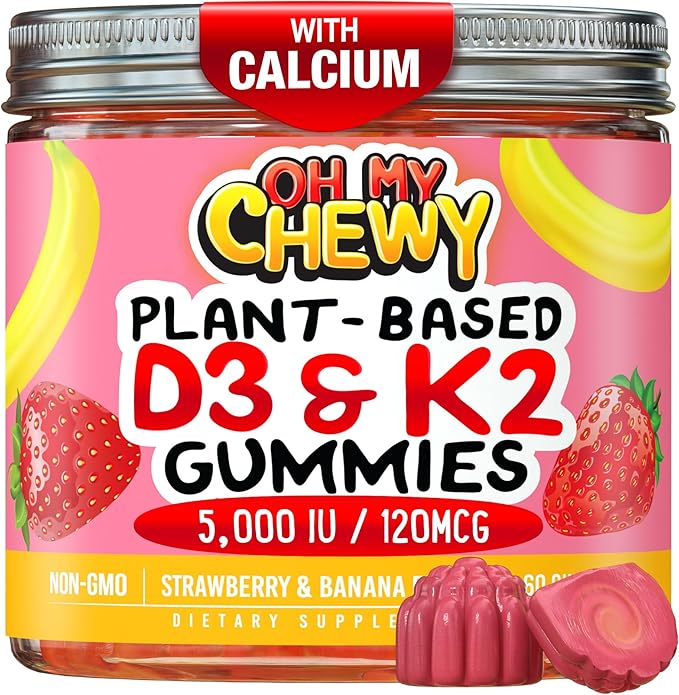 OH MY CHEWY Double-Flavored Vitamin D3 K2 &amp Calcium Fluffy Gummies - Supplement for Healthy Teeth Bone &amp Energy - 5000 IU D3 120 mcg K2(MK-7) 120 mg CA - Vegan &amp Non-GMO - 60 Count