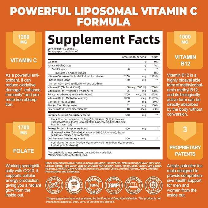 Liposomal Vitamin C Gummies for Adults 1200mg Chewable Vitamin C Supplement with Elderberry Zinc Iron &amp Folate etc - for Immune Support Energy &amp Cell Health Sugar Free Orange Flavor 60 G