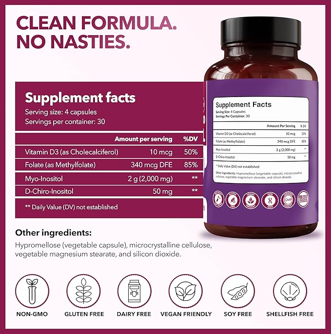Intimate Rose Myo-Inositol &amp D-Chiro Inositol Supplement with Folate and Vitamin D - Support Hormonal Balance Regular Cycles and Ovarian Health - 30-Day Supply - 40:1 Ratio Capsules