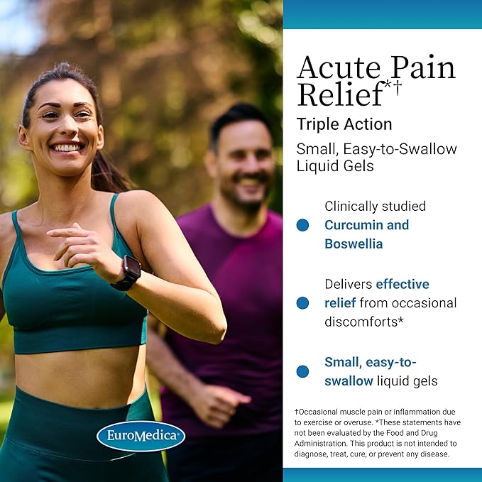 EuroMedica Acute Pain Relief - Dietary Supplement with BCM-95 Curcumin &amp BOS-10 Boswellia - Black Sesame Seed Oil Supplement to Support Relief of Occasional Discomfort - 60 Liquid Gels