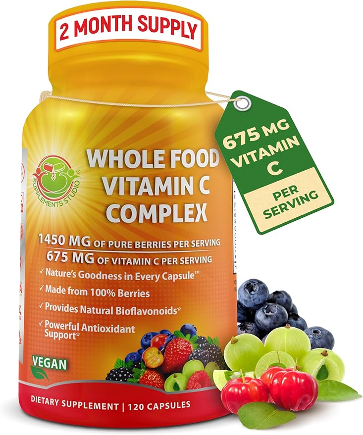 Whole Food Vitamin C Complex - 1450mg Organic Berries - 675 mg Vitamin C per Serving High-Potency Antioxidant &amp Immune Support with Acerola Amla and Natural Bioflavonoids - Vegan Non-GMO 120 C