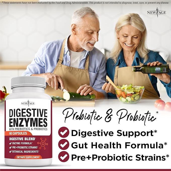 NEW AGE Digestive Enzymes for Gut Health - Probiotic Multi Enzymes with Prebiotics and Probiotics with Lipase for Women and Men for Digestive Health Daily Enzymes for Digestion - 60 Count