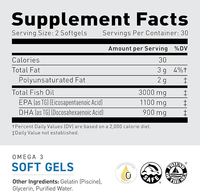 Kaged Omega 3 Softgels | Unflavored | Fish Oil Supplement | 3000mg Omega 3 Fatty Acid with EPA &amp DHA | Ultra-Pure No Fish Burps | Supplements for Men &amp Women | 30 Servings