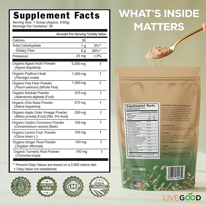 LIVEGOOD Organic Fiber Powder with Agave Inulin Psyllium Husk Pea Fiber 10 Plant-Based Sources for Digestion Detox Gut Support and Daily Wellness Organic Fiber Supplement (30 Servings)