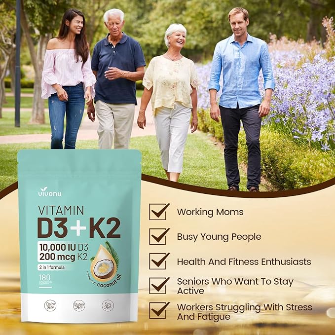 VivoNu Vitamin D3 K2 10000 IU with MK7-300 Virgin Coconut Oil Softgels 2 in 1 Vitamins D &amp K Complex | Vitamina D3 con K2 ((180 capsules/1Bag))