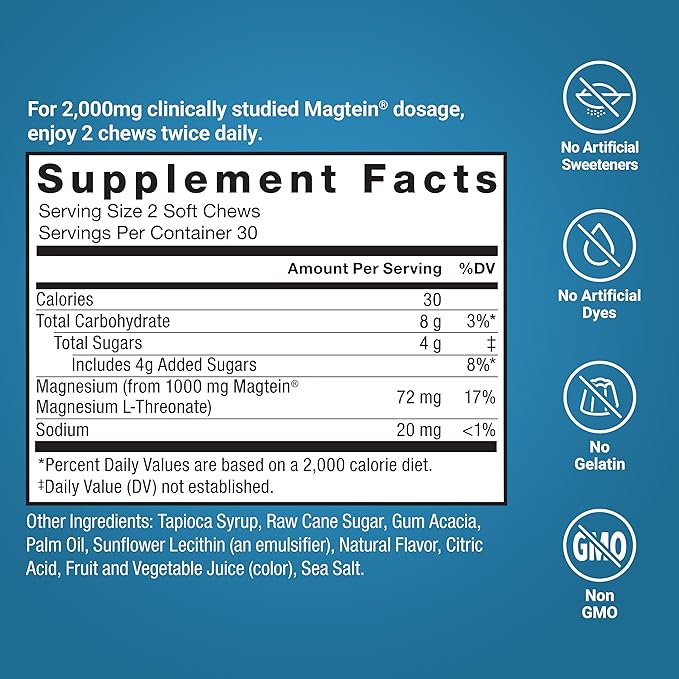 Force Factor Ultimate Magtein Magnesium L-Threonate 2000mg Support Cognitive Function Focus Memory &amp Relaxation Magnesium Threonate Mixed Berry 60 Soft Chews